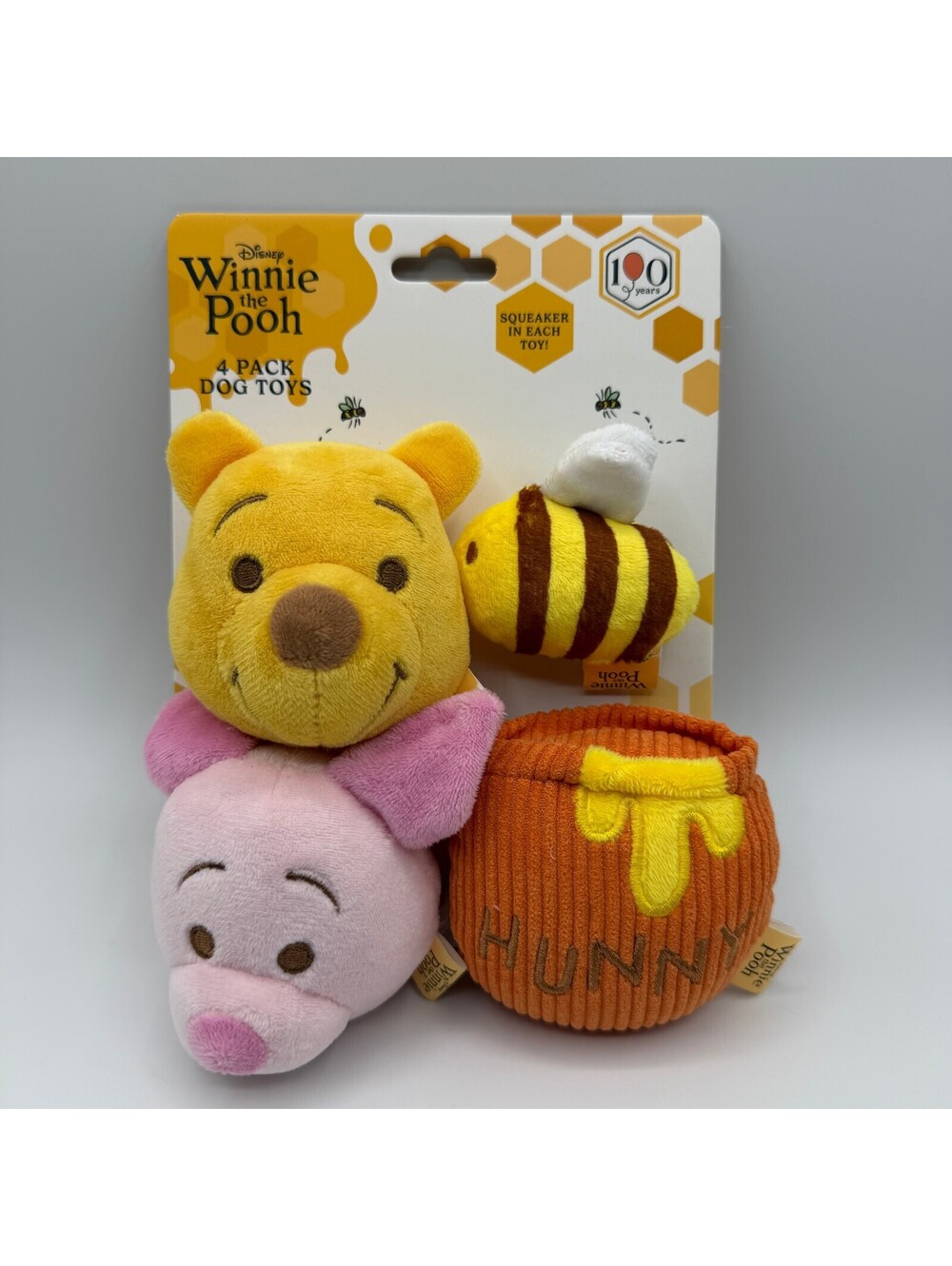 Disney Winnie the Pooh 4 Pack Squeaker Plush Dog Toy Pook Piglet Hunny Pot Bee